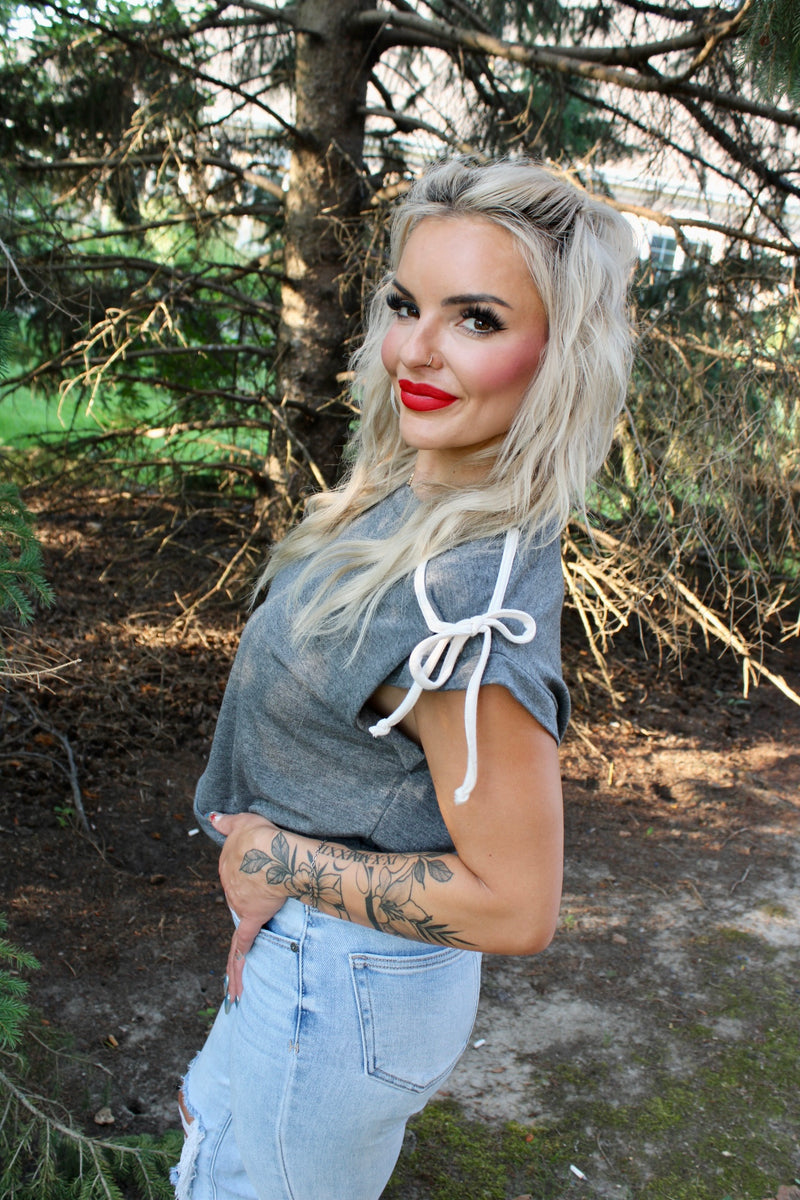 Ready Set Dolman Short Sleeve Bow French Terry Top | Charcoal