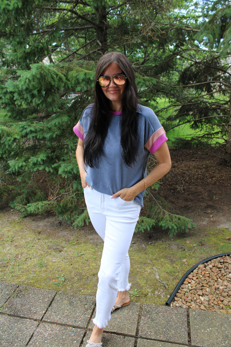Colorblock Contrast Short Sleeve Top | Denim Blue