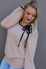 Round Neck Bow Tie Detail Long Sleeve Top | Taupe