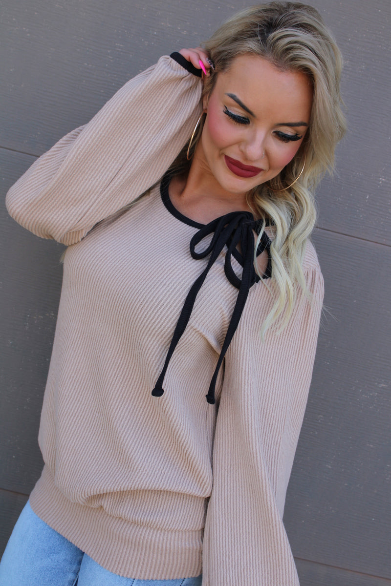 Round Neck Bow Tie Detail Long Sleeve Top | Taupe
