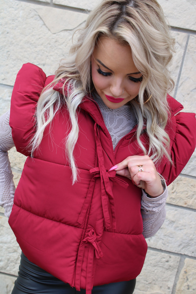 Flutter Sleeve Bow Detail Puffer Vest | Cranberry