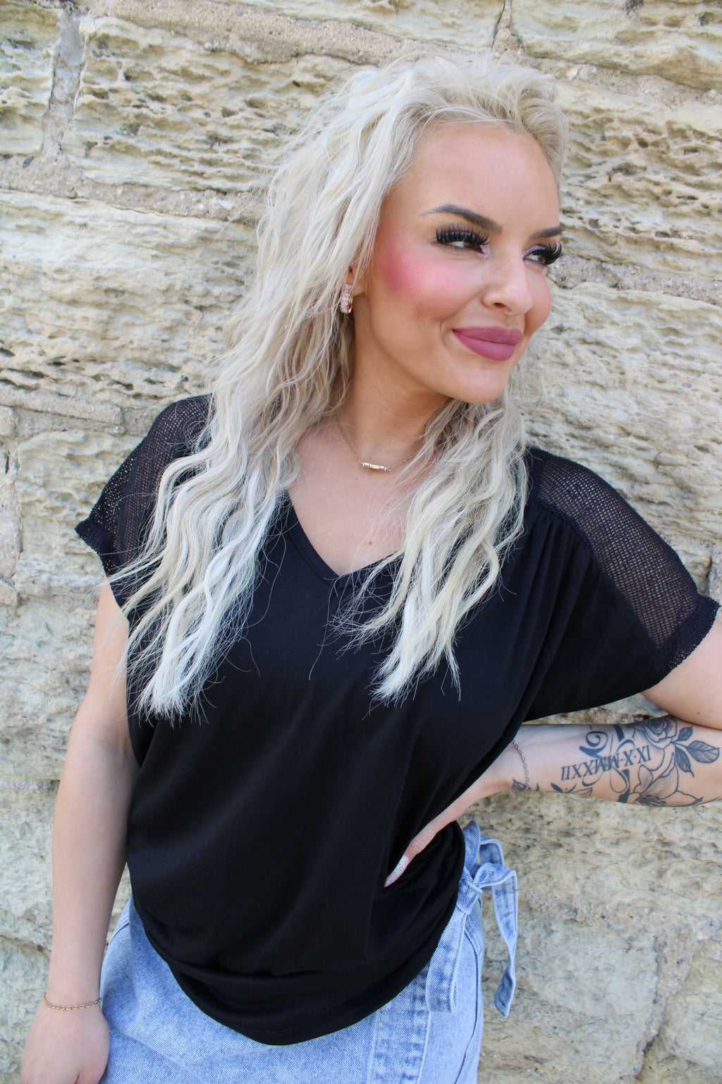 Sheer Intention Lace Up Back Top | Black