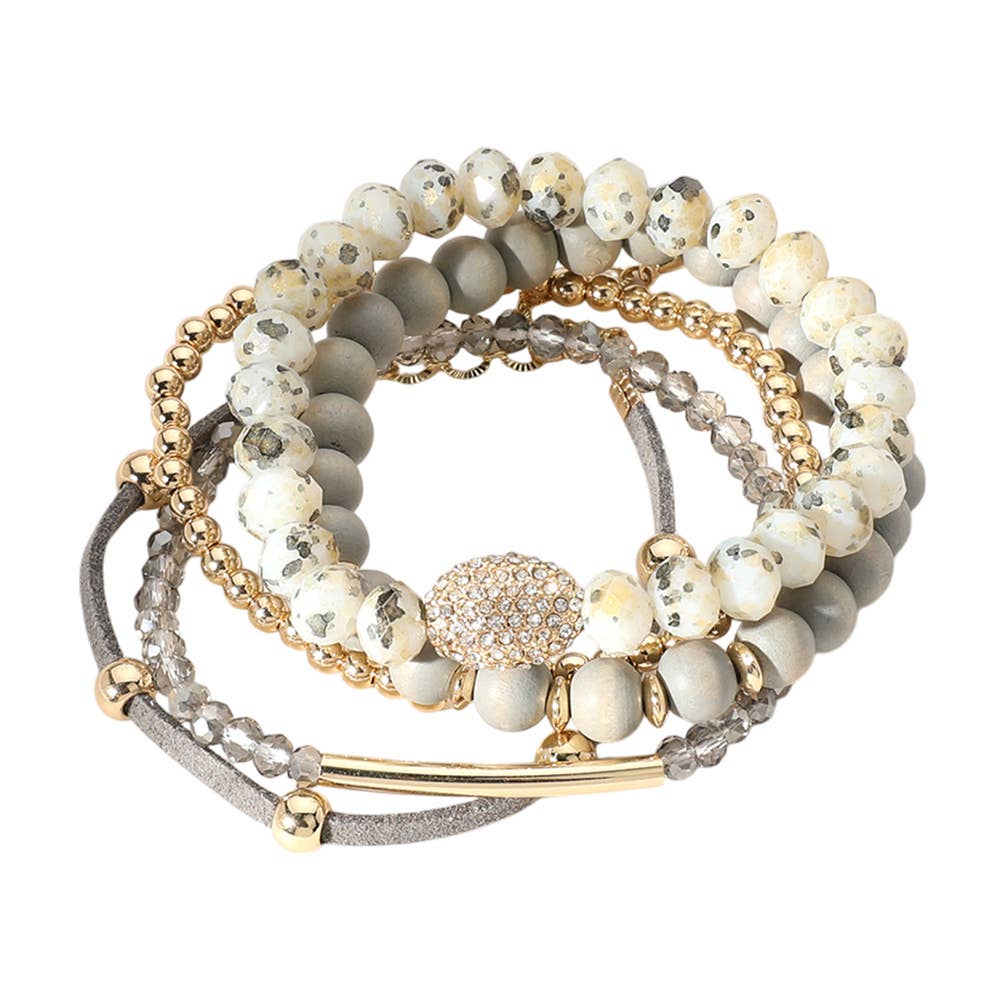 5PCS - Wooden Ball Faceted Beaded Stretch Multi Bracelets: Gray