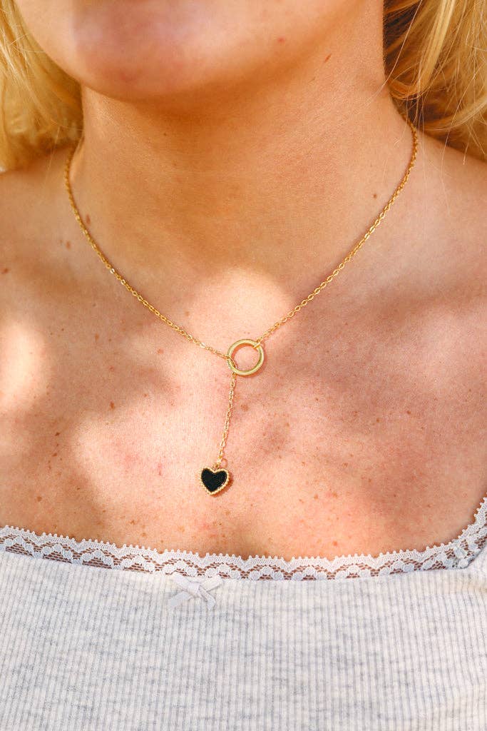 18K Gold PVD Stainless Steel Black Heart Lariat Necklace: Gold