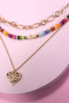 MULTI LAYERED BEADED HEART CHARM NECKLACE | 80N1243: GOLD