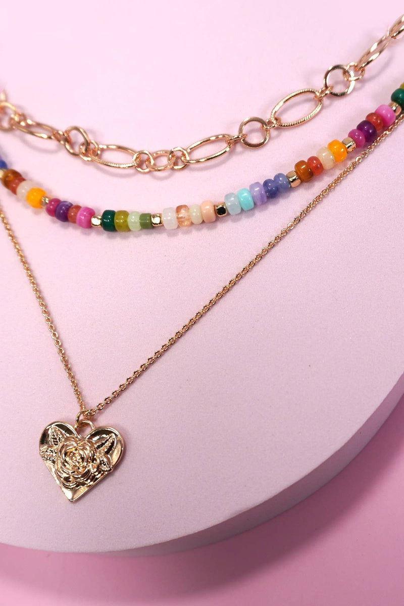 MULTI LAYERED BEADED HEART CHARM NECKLACE | 80N1243: GOLD