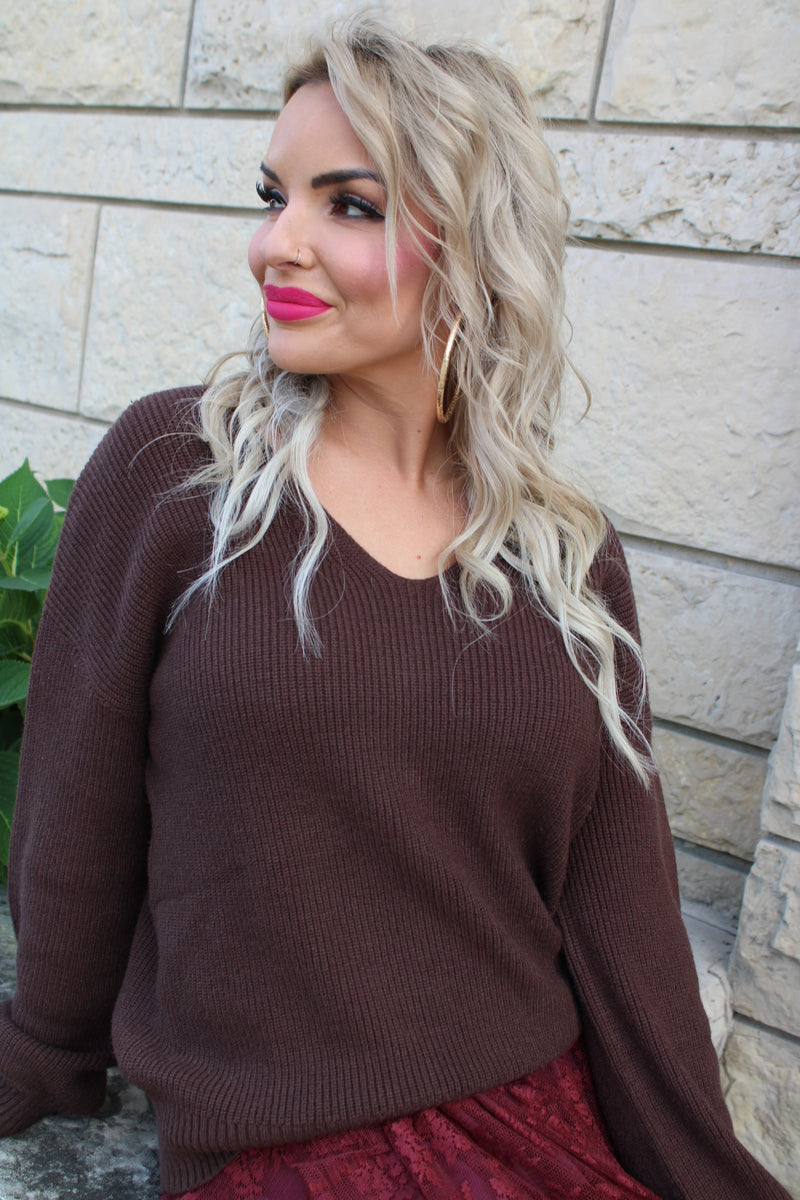 V Neck Drop Shoulder Sweater with Bow Tie Back | Brown