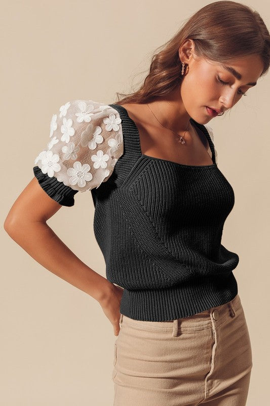 Jackie O Floral Lace Puff Sleeve Knit Sweater