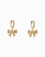 Pave Ribbon Drop Hoop Earrings: Gold