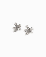 Glitter Texture Bow Earrings Rhinestone Chain Drop: Rhodium