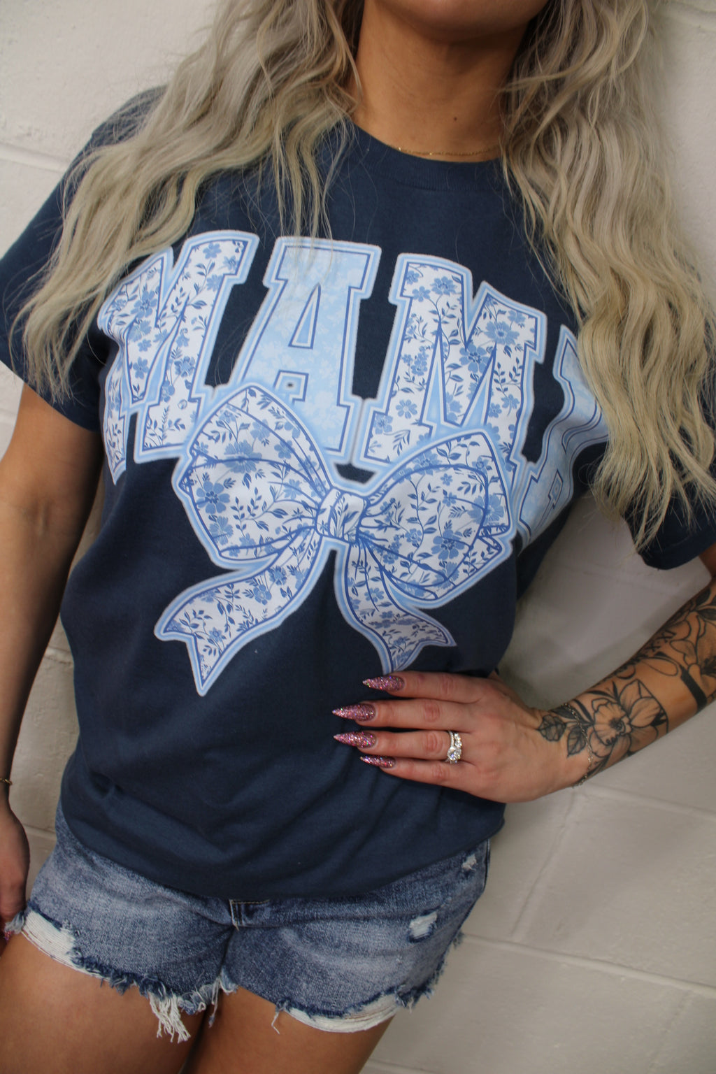Mama Floral Bow Graphic Tee | Navy