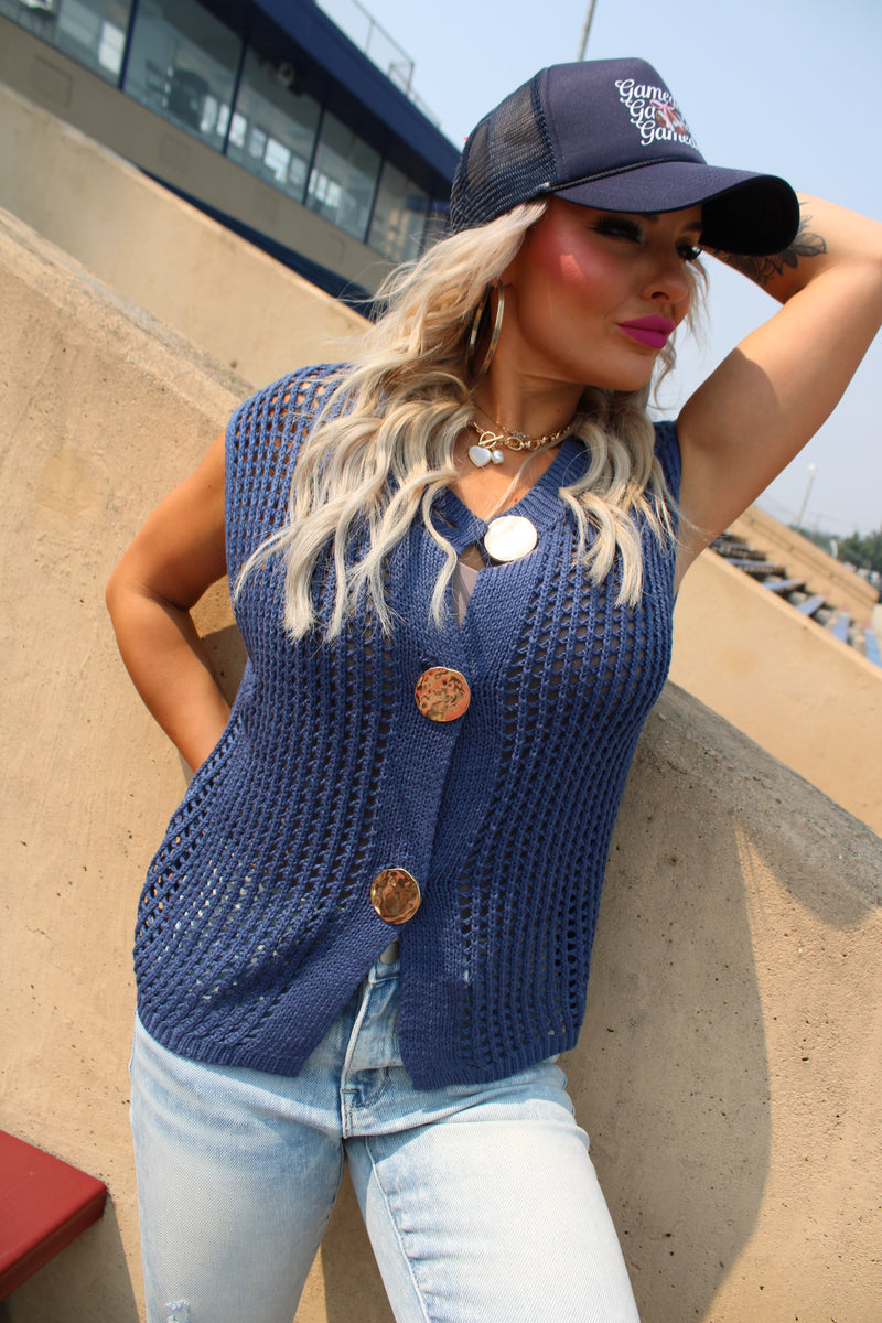 Go Blue Gold Metal Button Sweater | Midnight Blue
