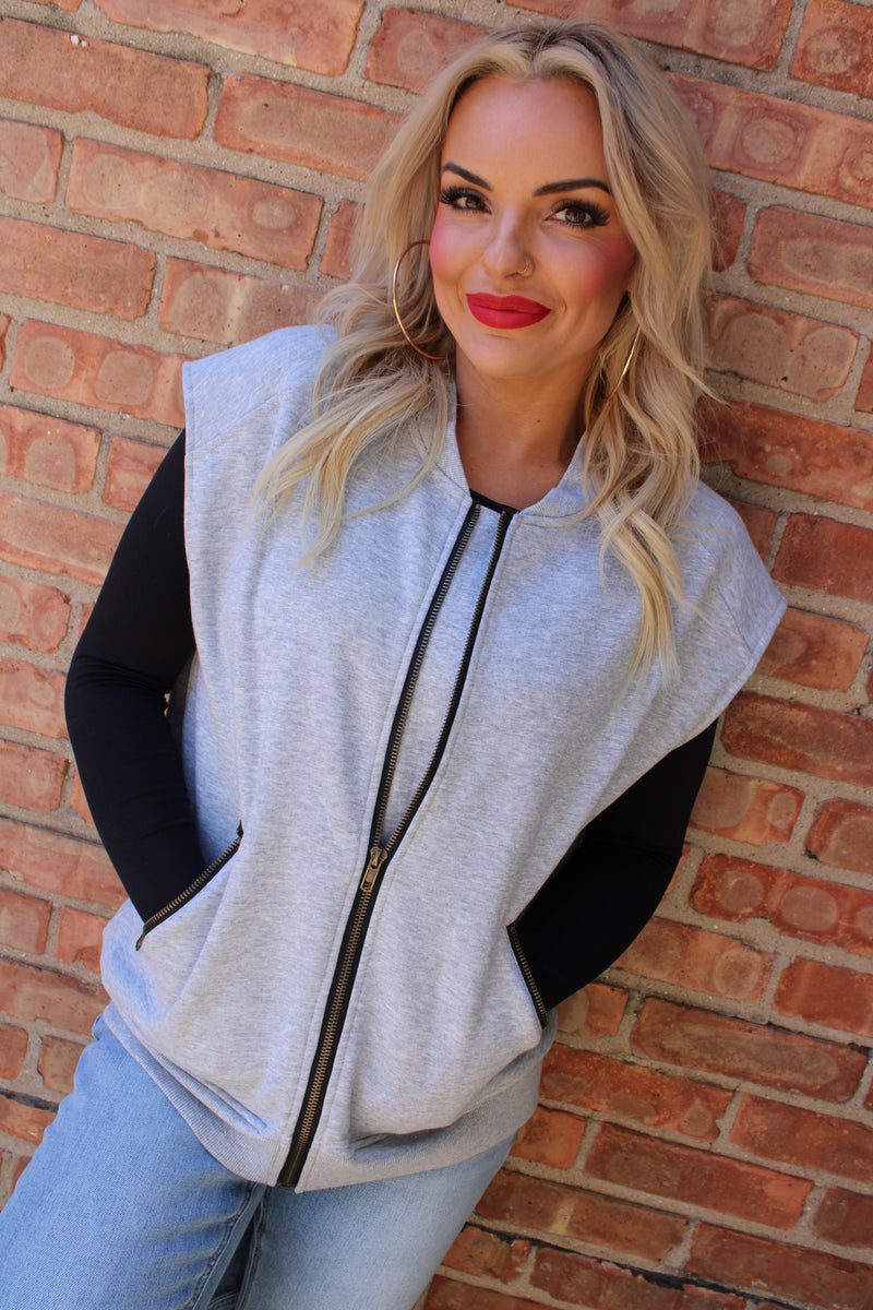Round Neck Fleece Front Zip Vest | H.Grey