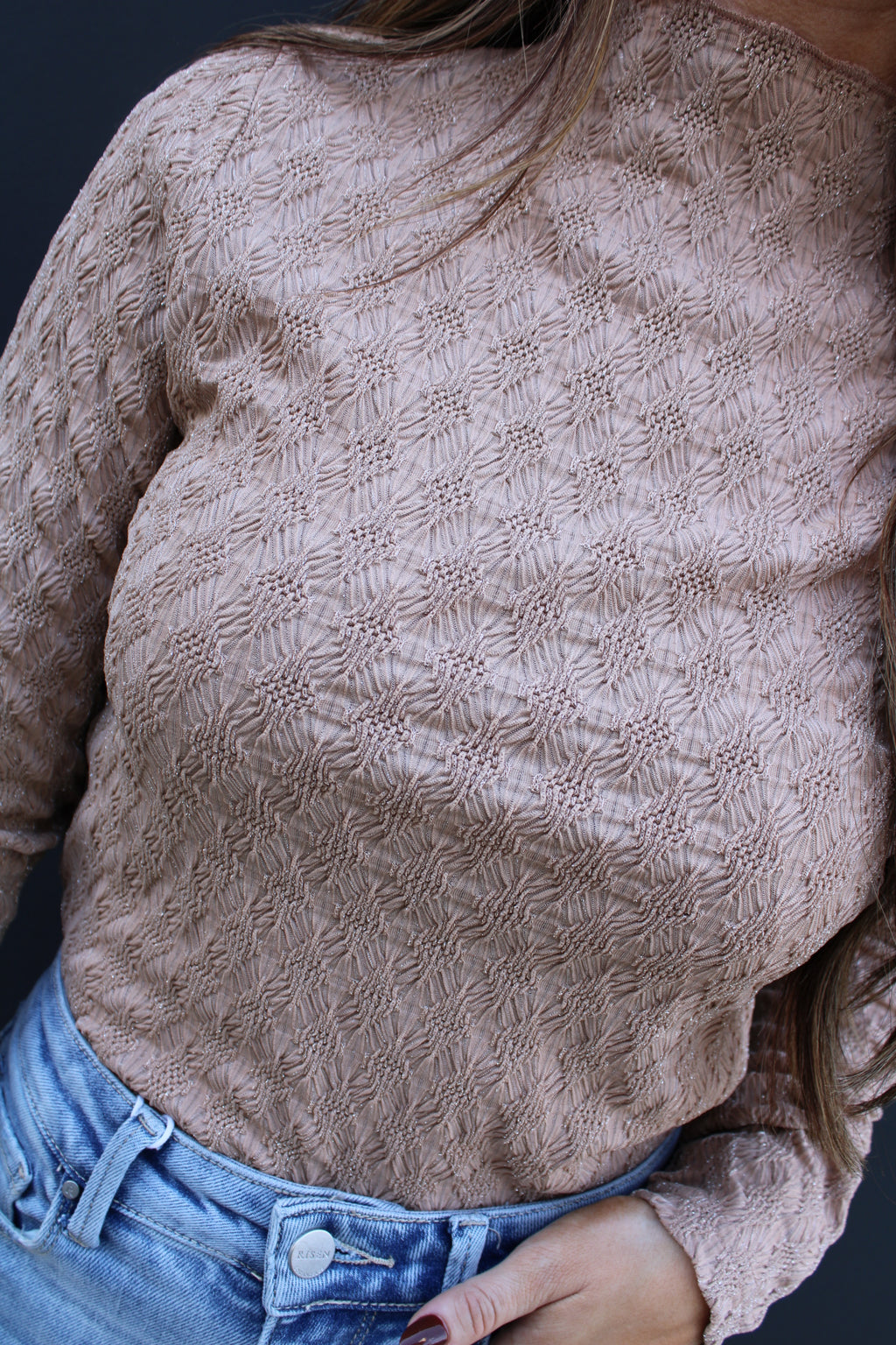 Long Sleeve Mock Neck Shine Top | Taupe