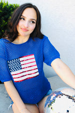 American Babe Crochet Sequin Flag Top | Navy
