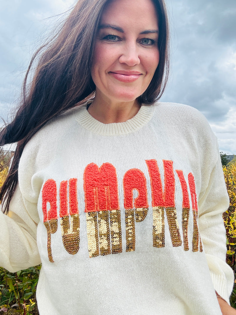 Restocked: Contrast Pumpkin Sequin Sweater