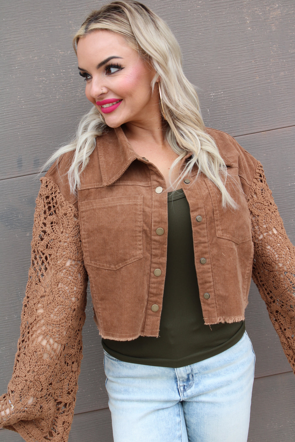Cropped Jacket with Crochet Sleeves | Brown