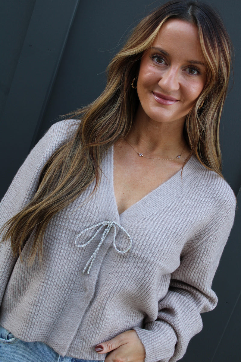 Bow Crystal Cardigan | Light Mocha