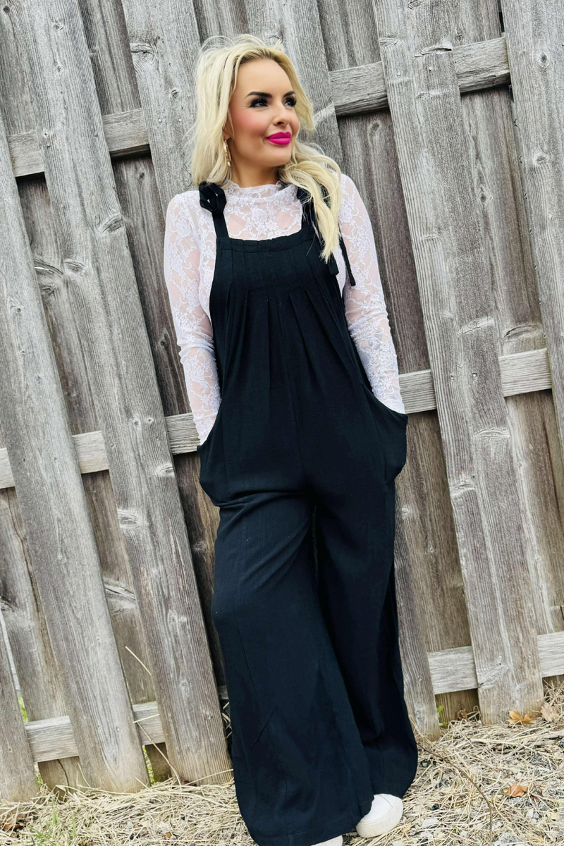 Preston Self-Tie Shoulder Straps Jumpsuit | Black
