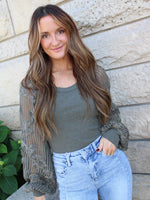 Rib Knit Top with Floral Lace Balloon Sleeves | Olive