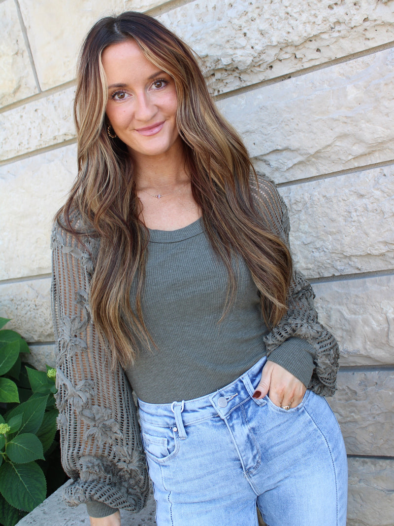 Rib Knit Top with Floral Lace Balloon Sleeves | Olive