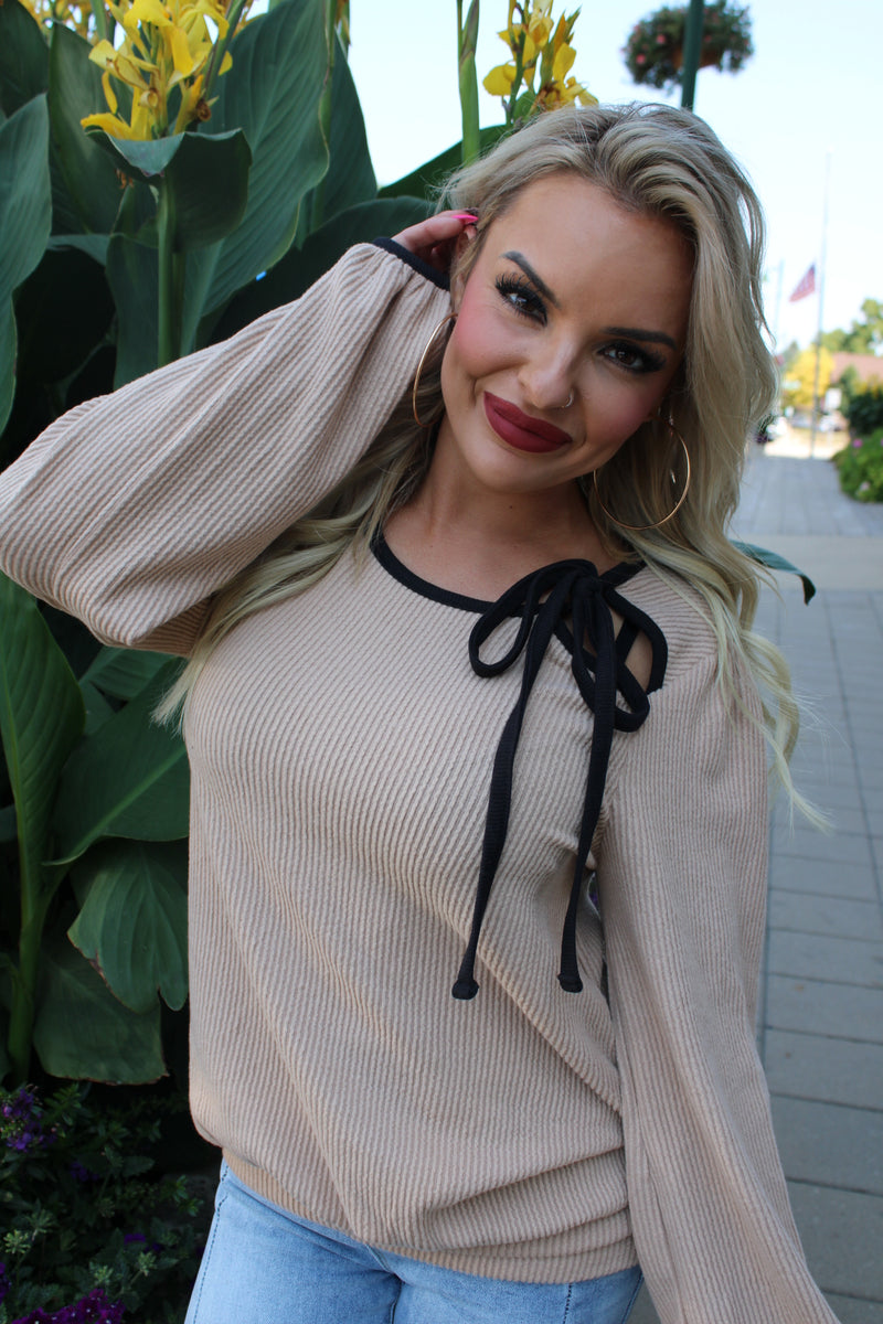 Round Neck Bow Tie Detail Long Sleeve Top | Taupe