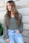 Rib Knit Top with Floral Lace Balloon Sleeves | Olive