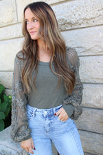 Rib Knit Top with Floral Lace Balloon Sleeves | Olive