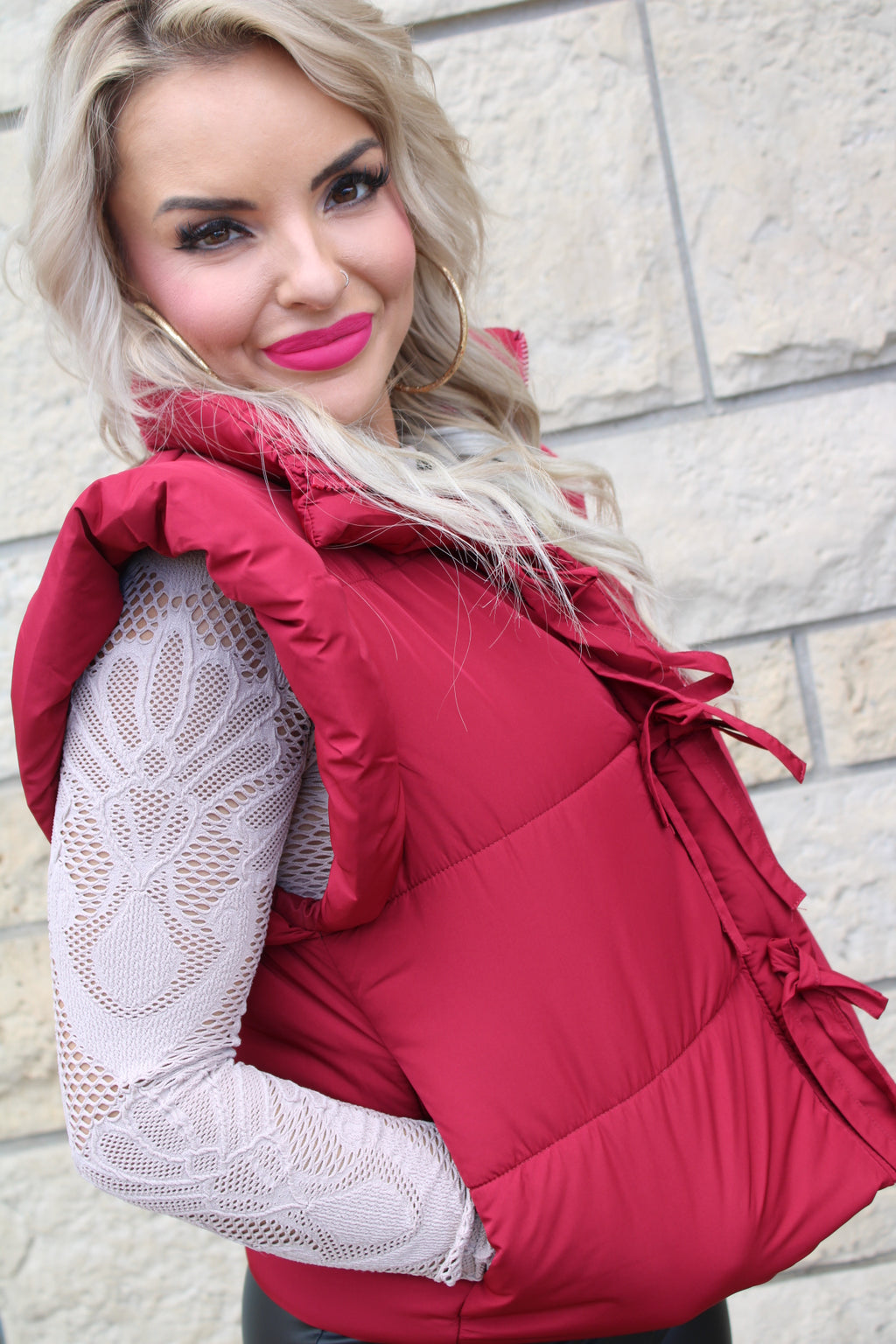 Flutter Sleeve Bow Detail Puffer Vest | Cranberry