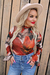 Hearts Aflutter Mock Neck Flare Floral Top
