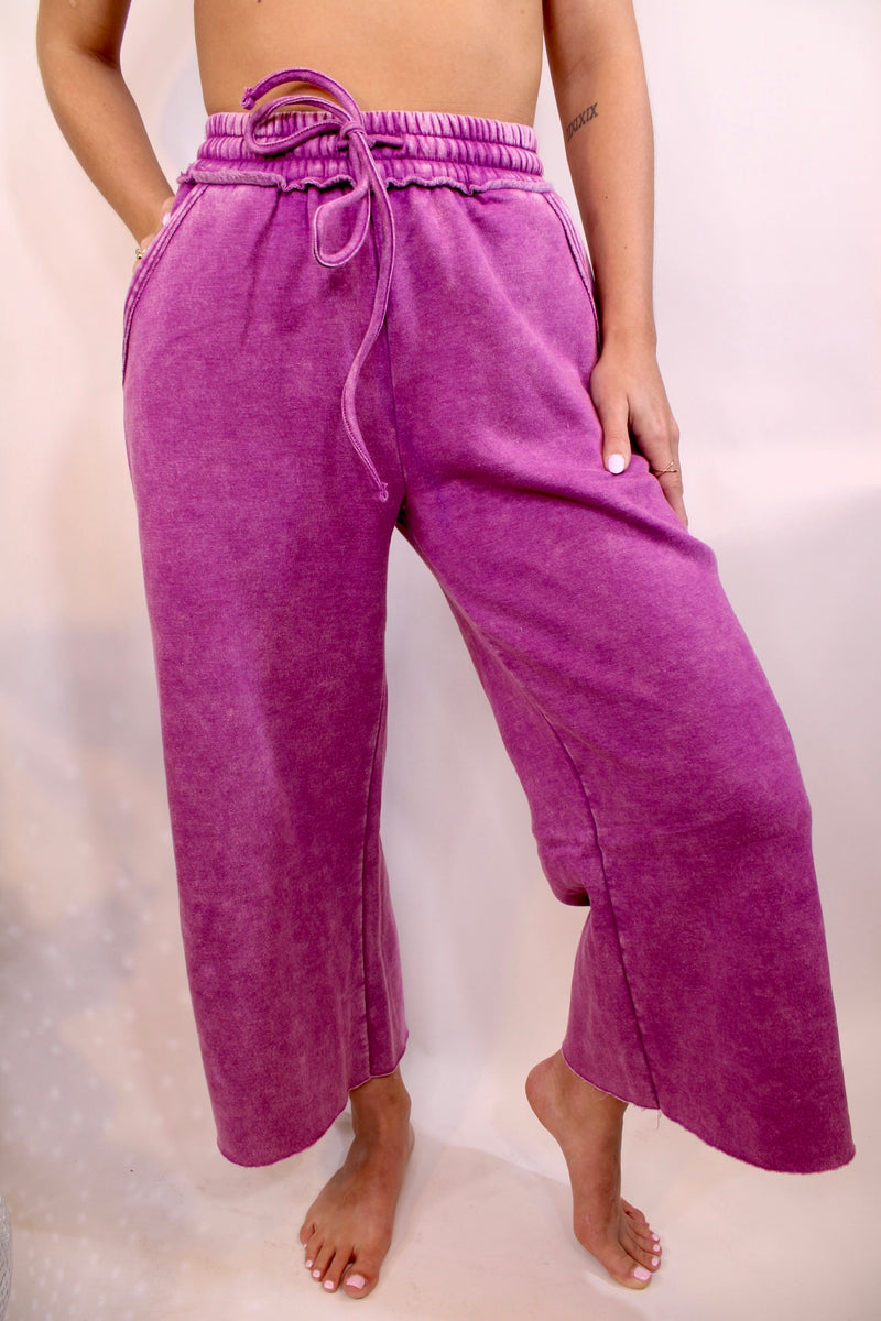 Acid Wash Fleece Palazzo Pants | Light Plum