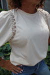 Round Neck Puff Half Sleeve Lace Trim Detail Top | Cream