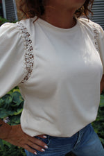 Round Neck Puff Half Sleeve Lace Trim Detail Top | Cream