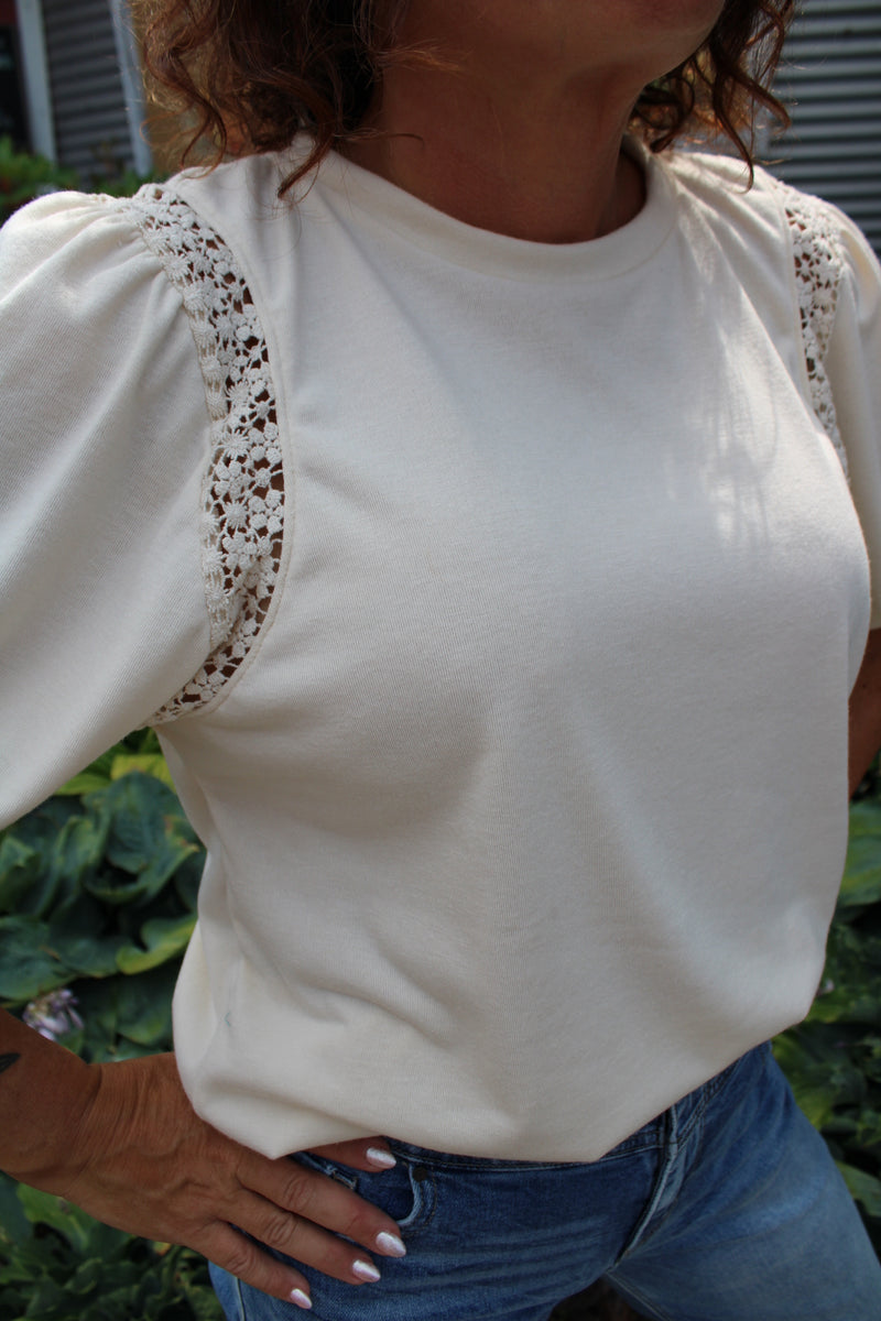 Round Neck Puff Half Sleeve Lace Trim Detail Top | Cream