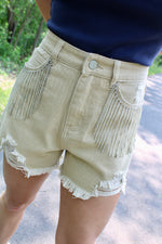 Blame it All on My Roots Rhinestone Fringe Shorts | Taupe