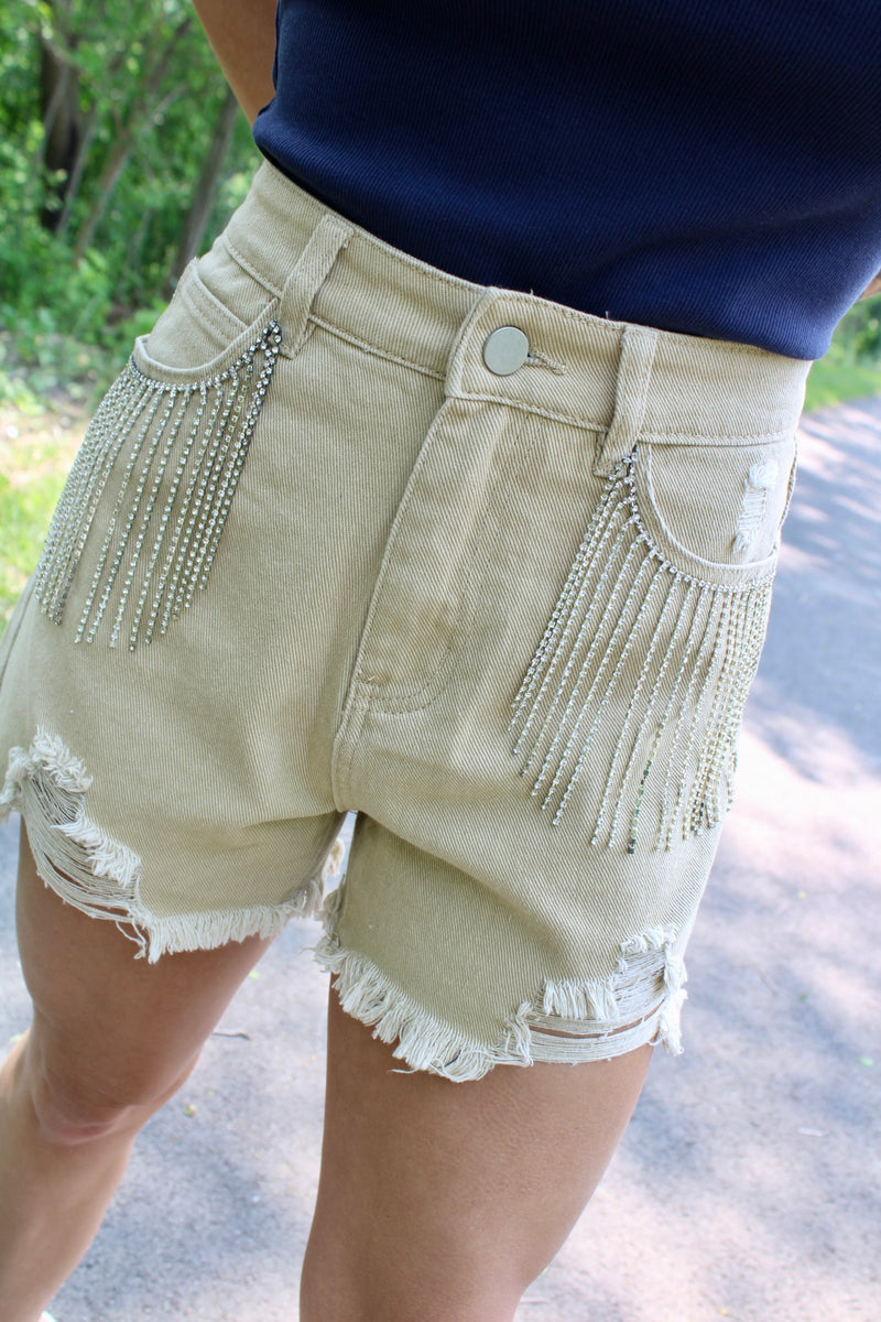 Blame it All on My Roots Rhinestone Fringe Shorts | Taupe