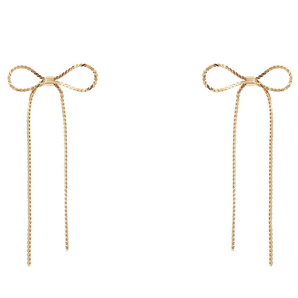 Metal Bow Dangle Earrings: Gold