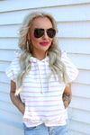 Striped Short Sleeve Pullover Hoodie Top | Pink