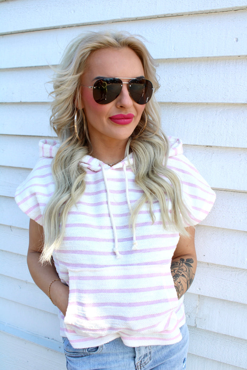 Striped Short Sleeve Pullover Hoodie Top | Pink