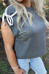 Ready Set Dolman Short Sleeve Bow French Terry Top | Charcoal