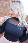 Mesh Cut Out Long Sleeve Rib Contrast Bodysuit | Black