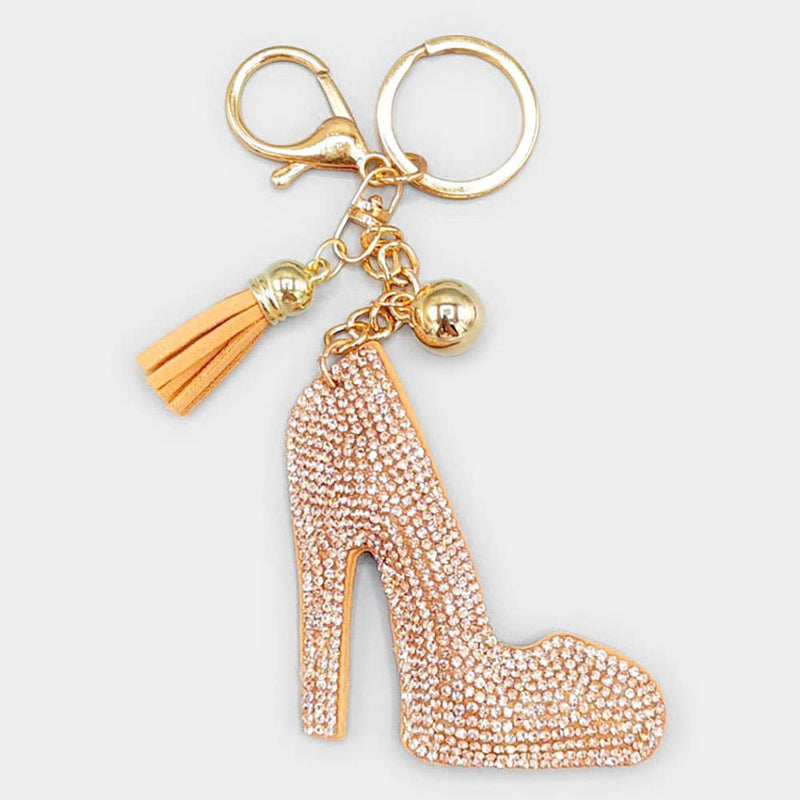 Bling Stiletto Heel Tassel Keychain: Brown
