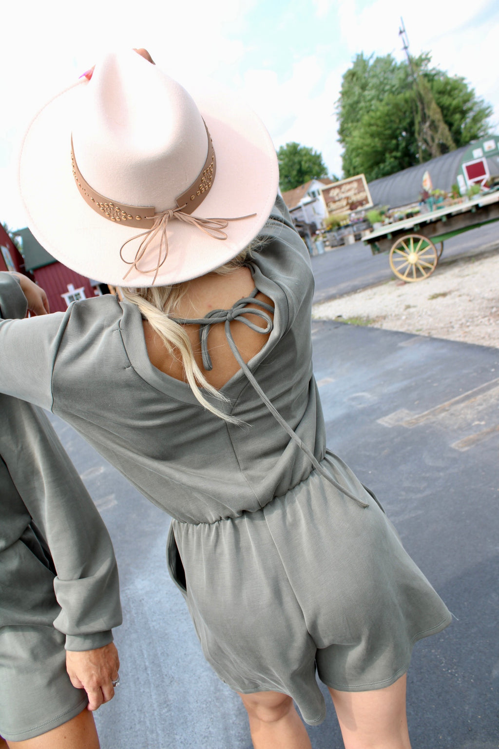 Breezy Round Neck Long Sleeve Back Tie Romper | Olive