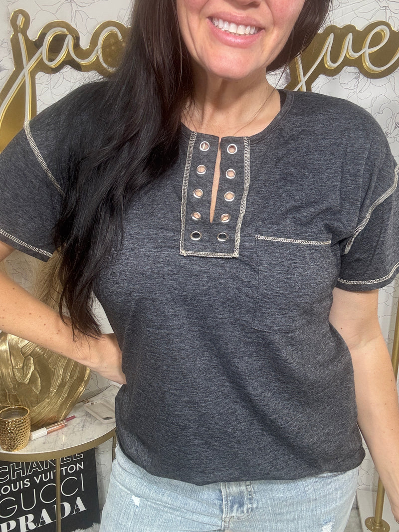 Eyelet Detail Triblend Tee | Charcoal