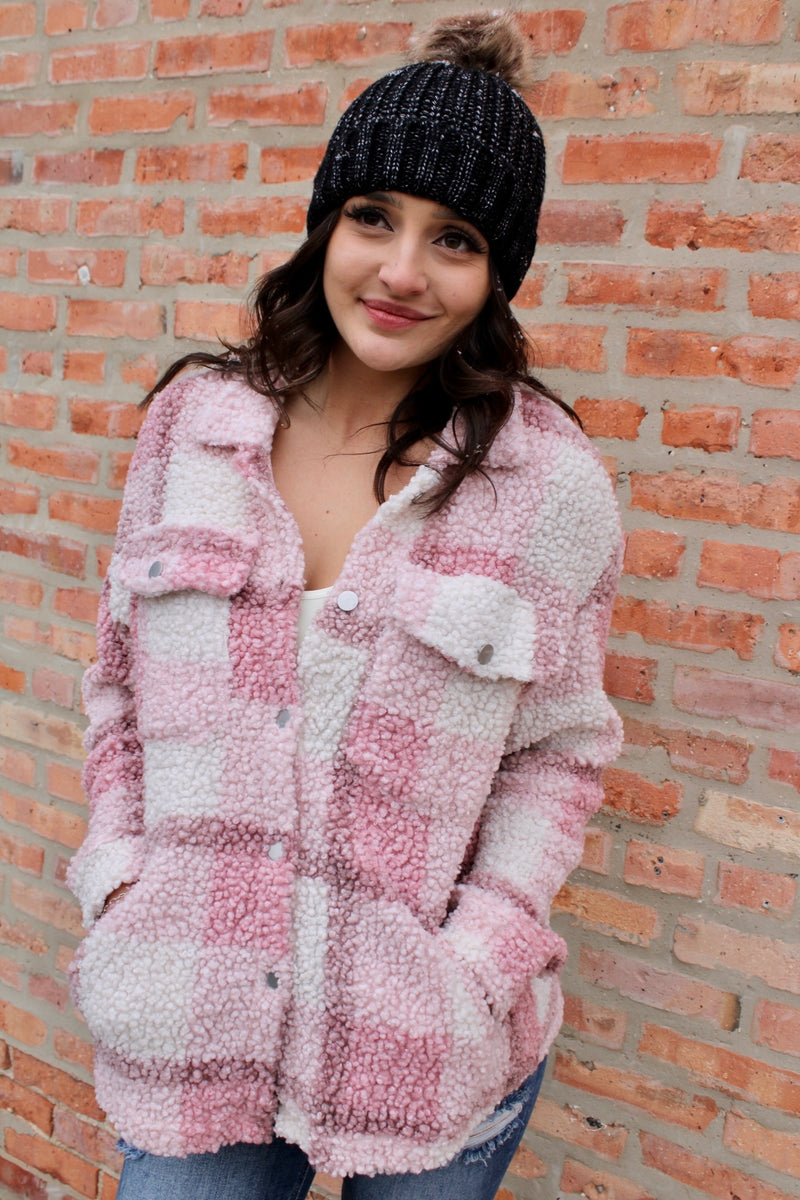 Pink Please Teddy Fur Plaid Shacket