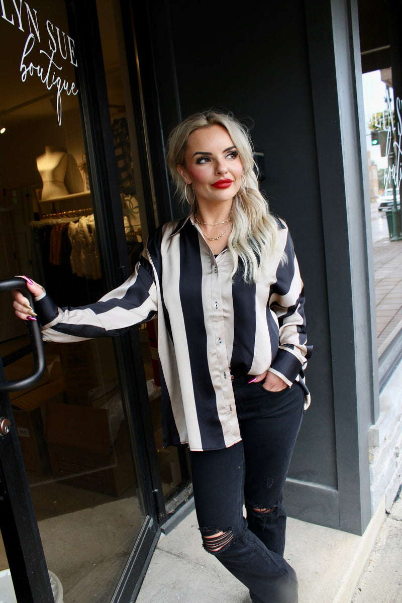 Oversized Striped Satin Shirt | Black