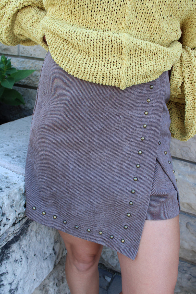 Twill Studded Wrap Skort | Mocha