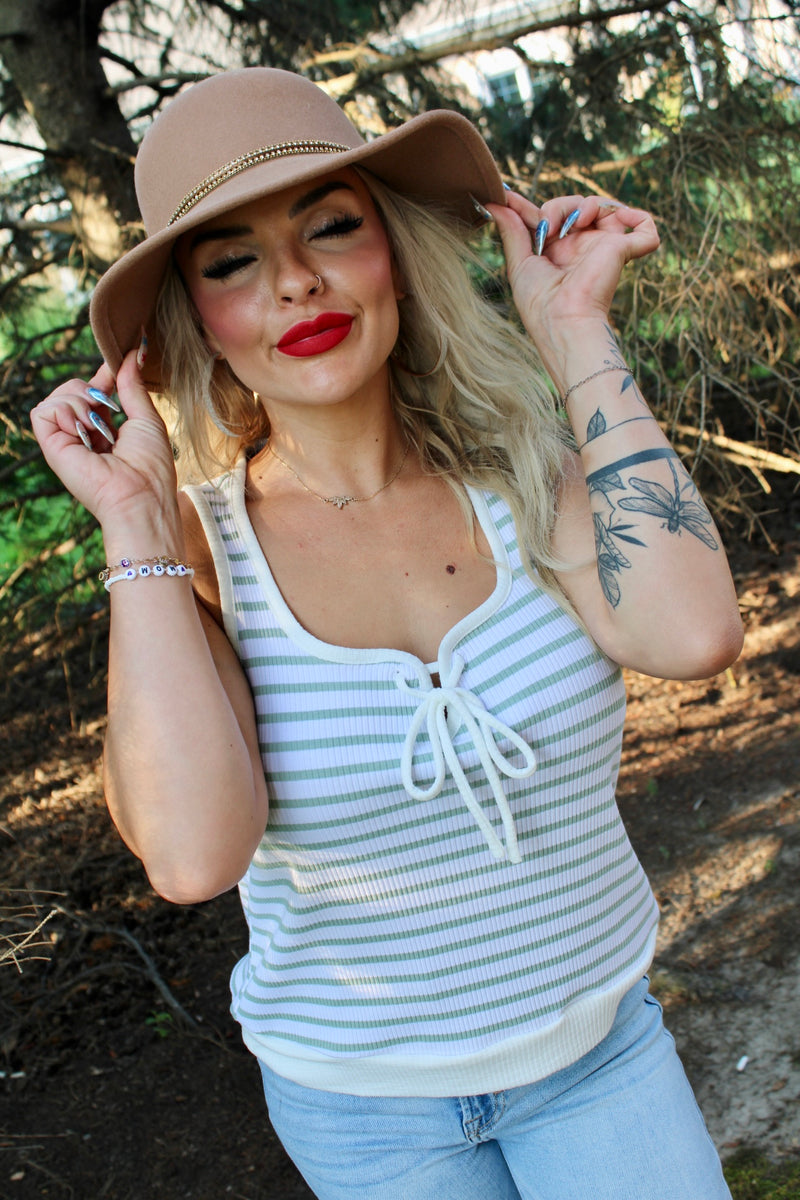 Stripe Rib Square Tie Front Top | Sage