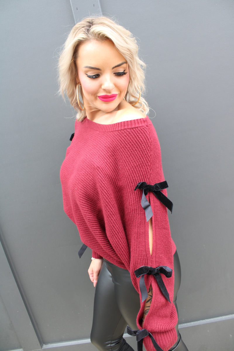 Velvet Bow Sleeve Detail Knit Sweater | Burgundy