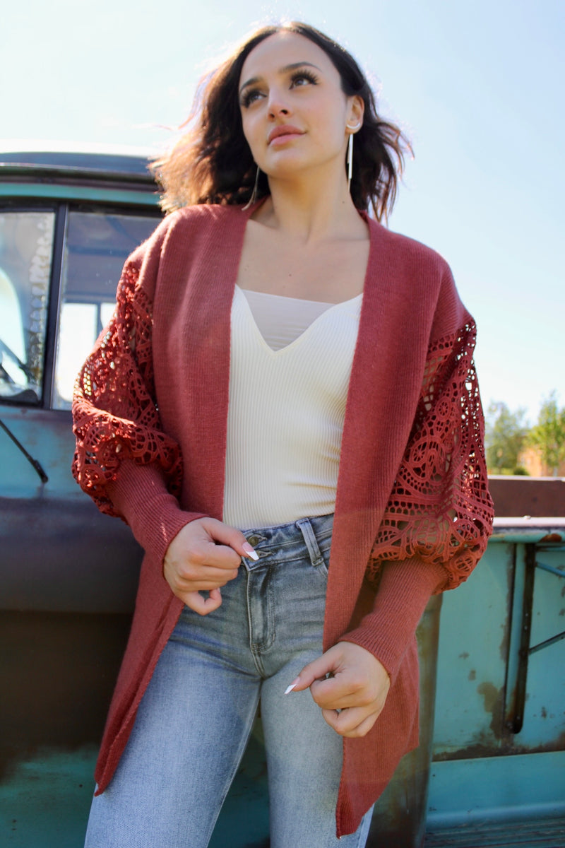 Off to the Orchard Crochet Sleeve Sweater | Brick